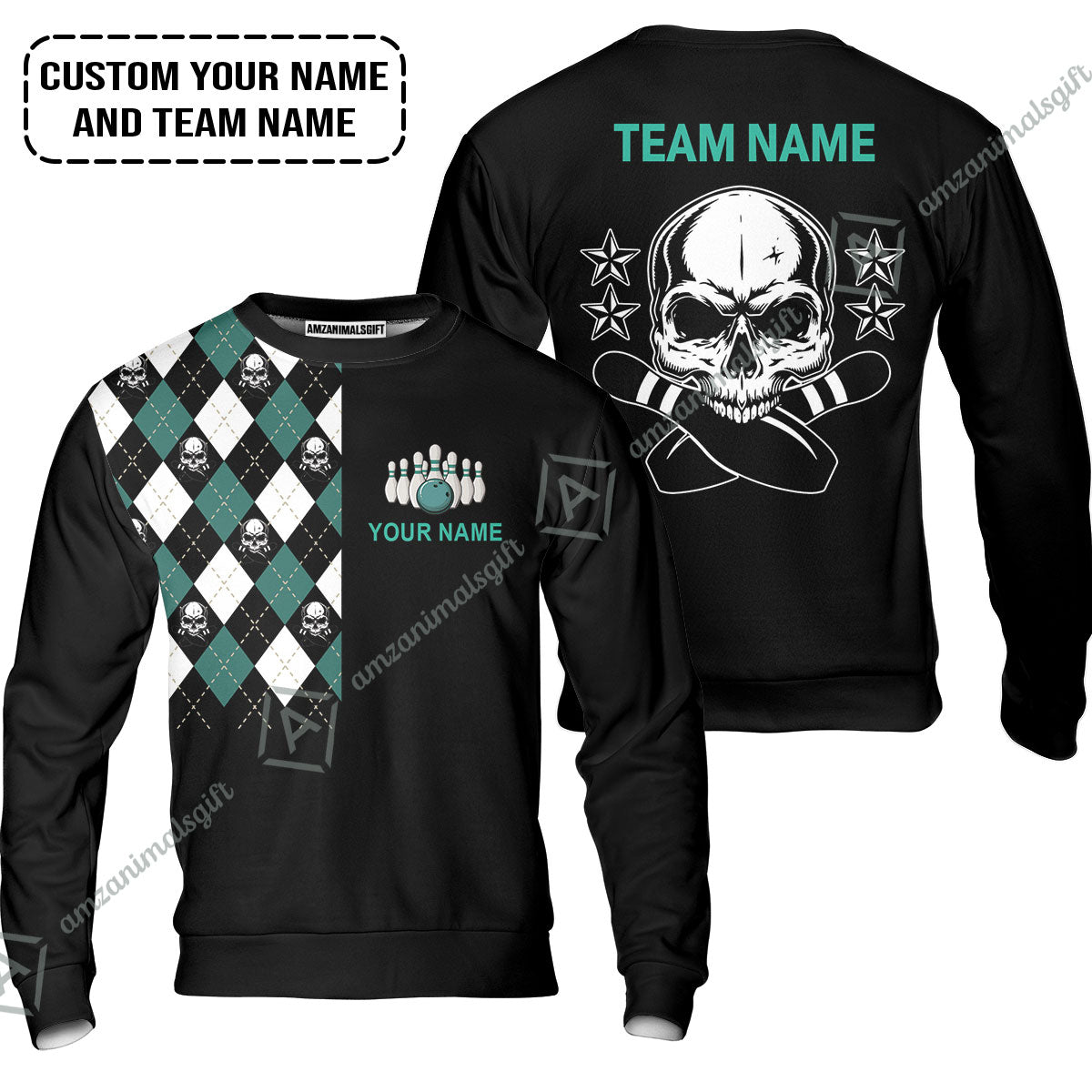 Custom Bowling T-Shirt - Custom Name Skull Black Bowling Personalized T-Shirt