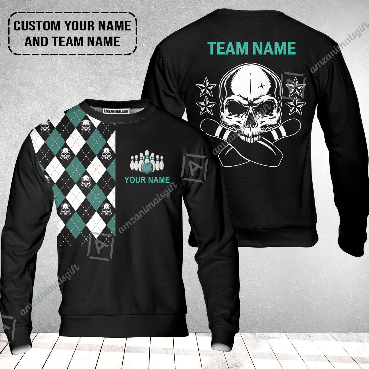 Custom Bowling Sweatshirt - Custom Name Skull Black Bowling Personalized Sweatshirt