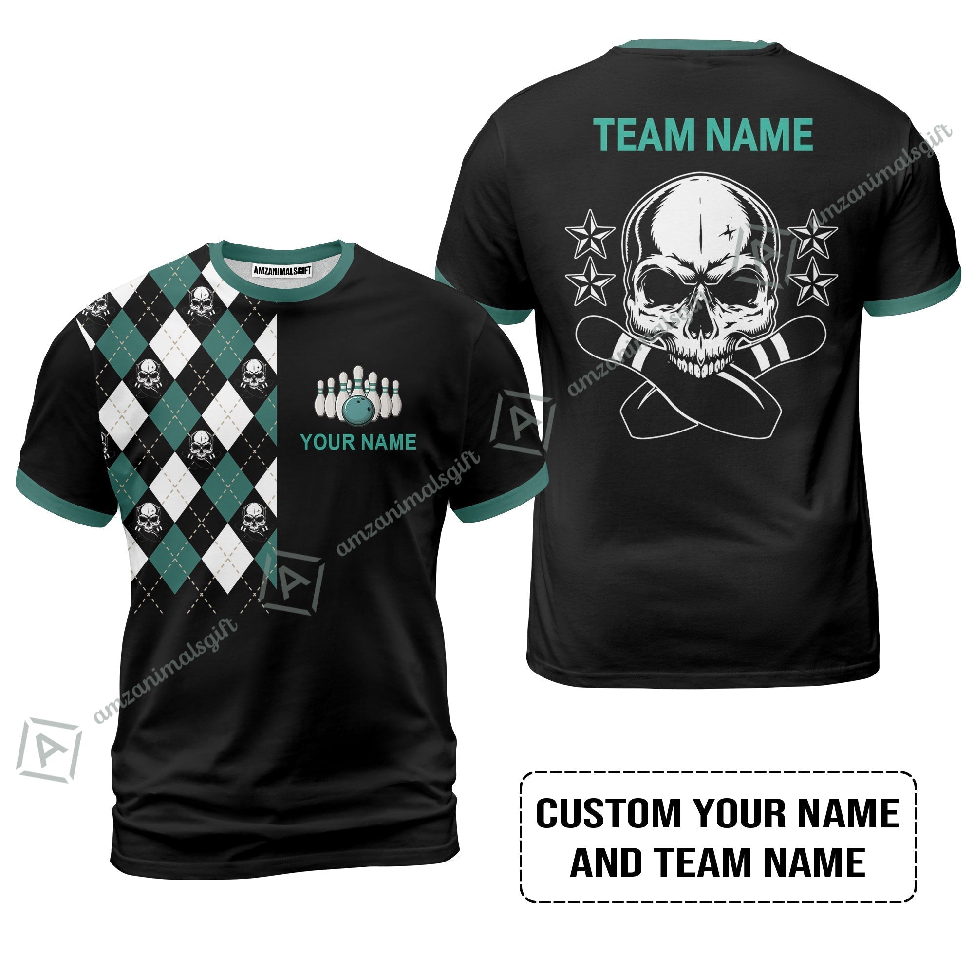 Custom Bowling T-Shirt - Custom Name Skull Black Bowling Personalized T-Shirt
