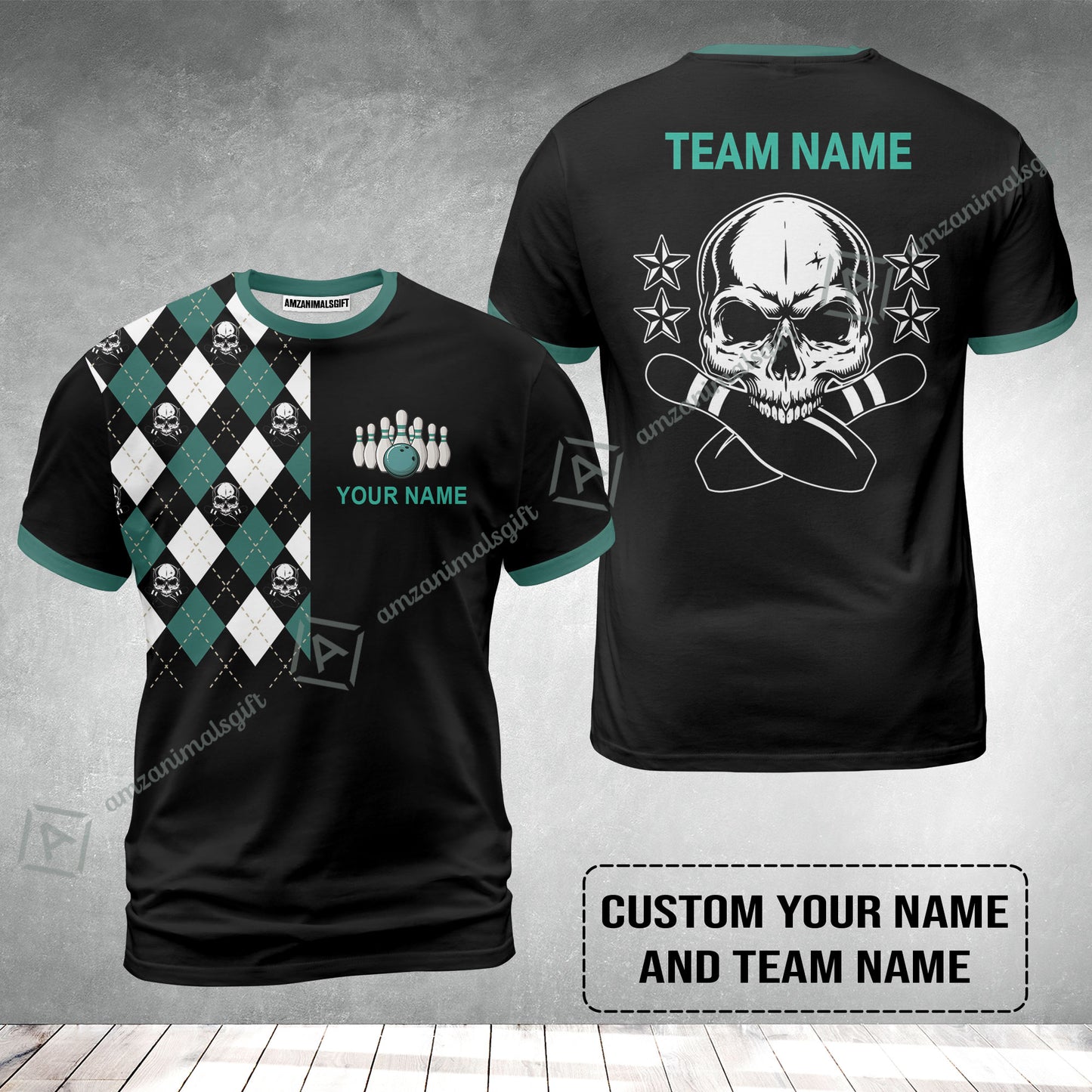 Custom Bowling T-Shirt - Custom Name Skull Black Bowling Personalized T-Shirt
