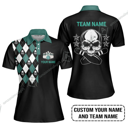 Custom Bowling Men Polo Shirt - Custom Name Skull Black Bowling Personalized Bowling Polo Shirt
