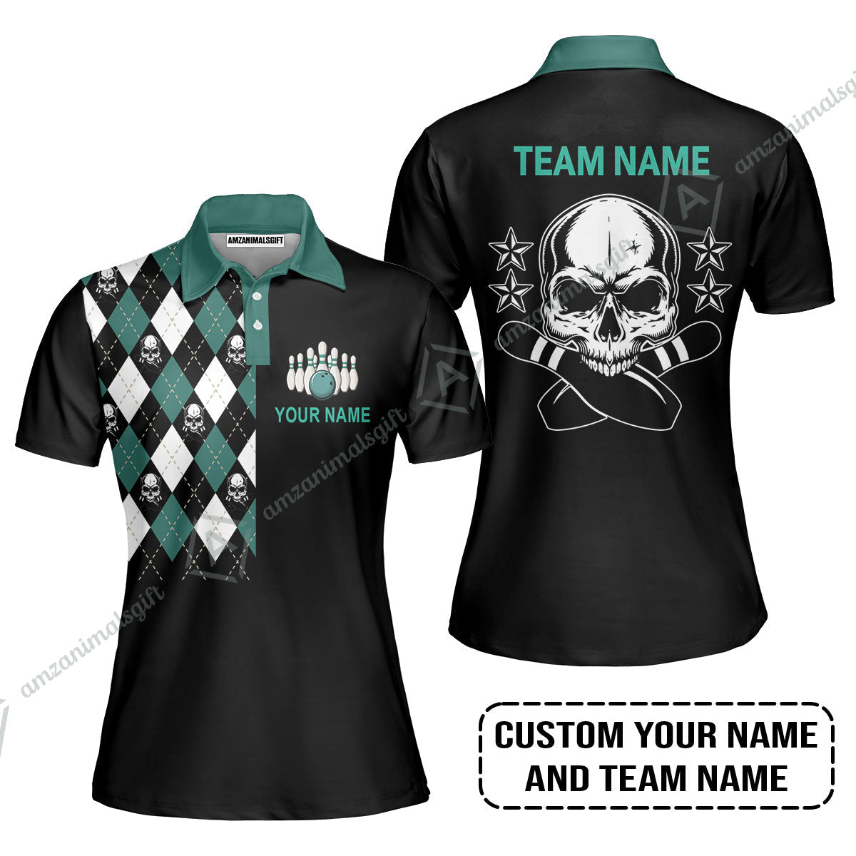 Custom Bowling Long Polo Shirt - Custom Name Skull Black Bowling Personalized Long Polo Shirt