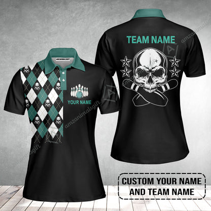 Custom Bowling Women Polo Shirt - Custom Name Skull Black Bowling Personalized Women Polo Shirt