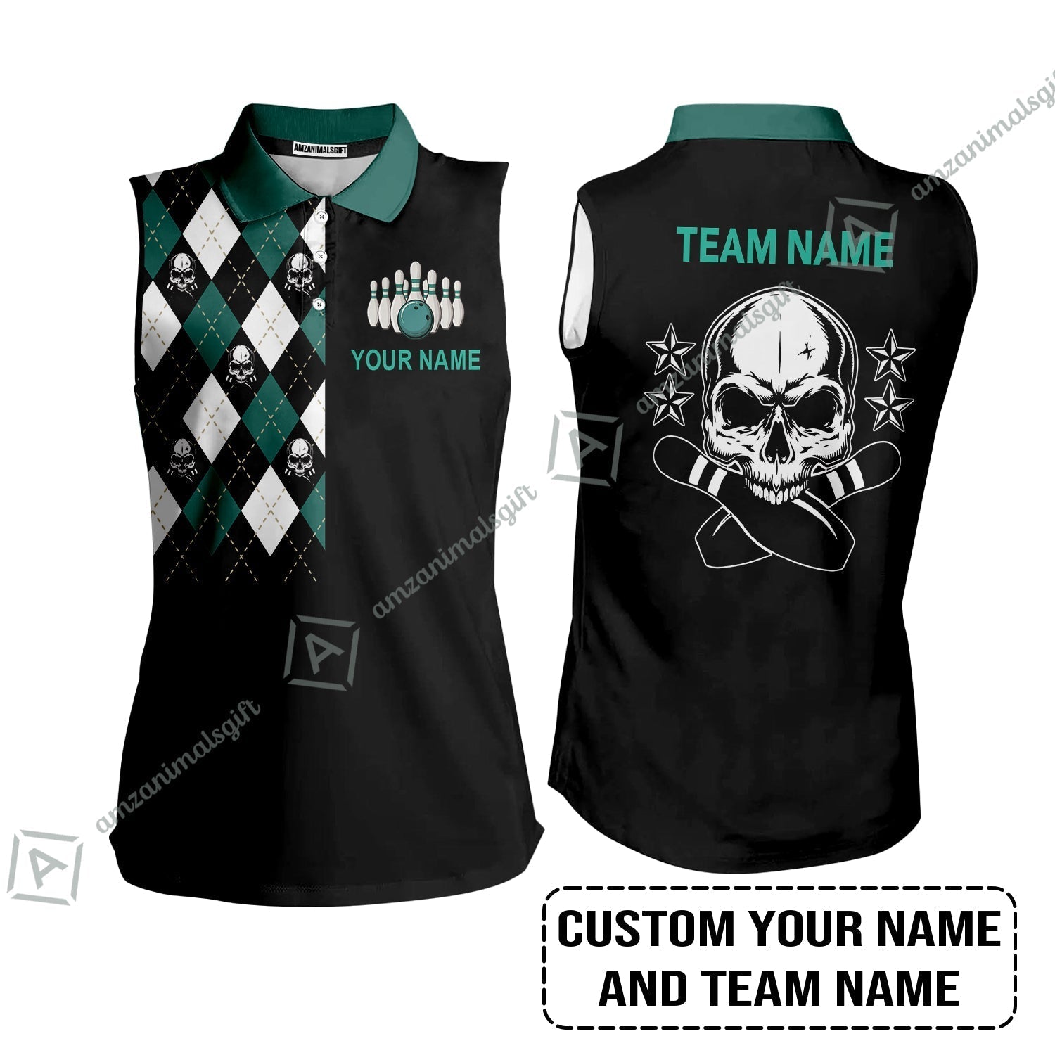 Custom Bowling Women Sleeveless Polo Shirt - Custom Name Skull Black Bowling Personalized Women Sleeveless Polo Shirt