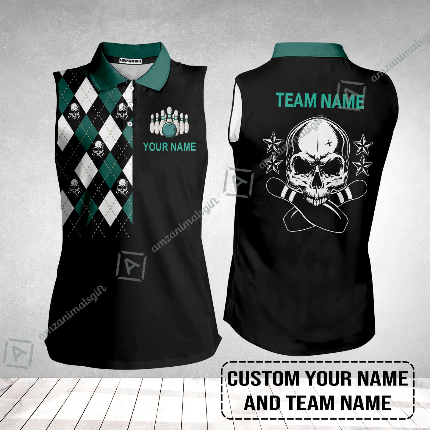 Custom Bowling Women Sleeveless Polo Shirt - Custom Name Skull Black Bowling Personalized Women Sleeveless Polo Shirt