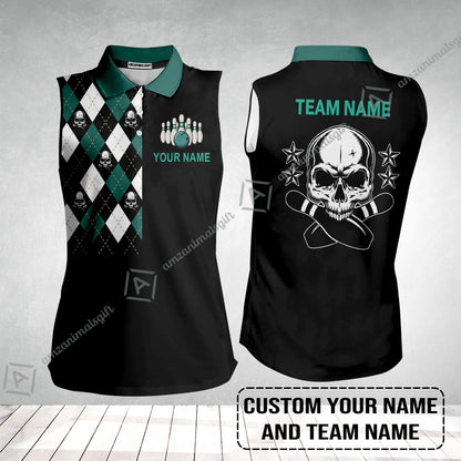 Custom Bowling Women Sleeveless Polo Shirt - Custom Name Skull Black Bowling Personalized Women Sleeveless Polo Shirt