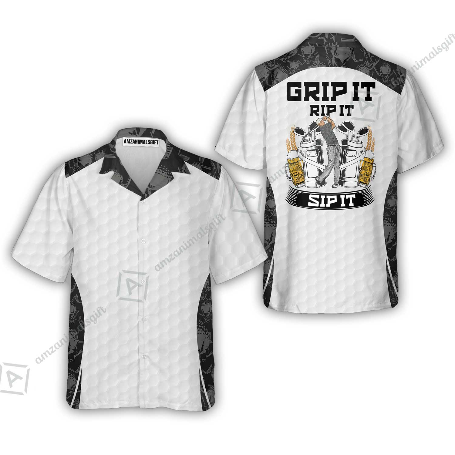 Golf Hawaiian Shirt - Golf Ball Pattern Skull, Grip It Rip It Sip It Golf White Hawaiian Shirt