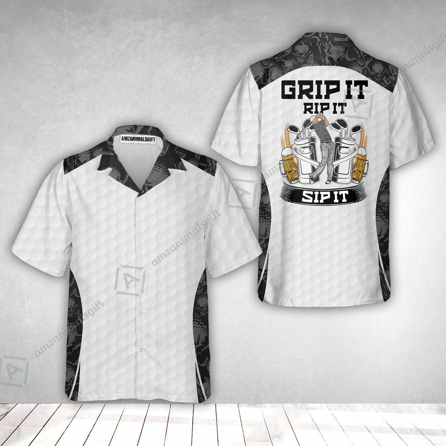 Golf Hawaiian Shirt - Golf Ball Pattern Skull, Grip It Rip It Sip It Golf White Hawaiian Shirt