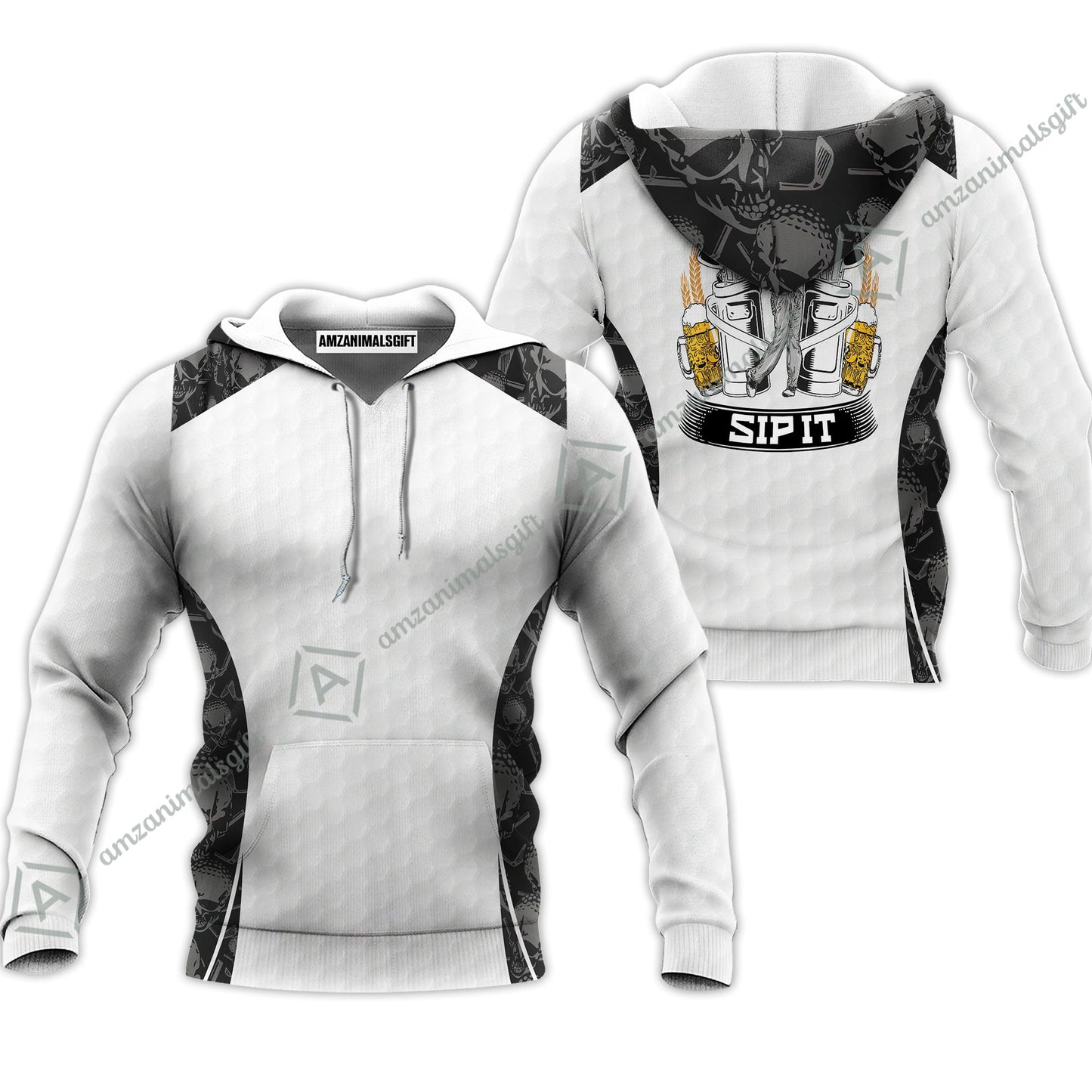 Men Golf Long Polo Shirt - Golf Ball Pattern Skull, Grip It Rip It Sip It Golf White Men Polo Shirt
