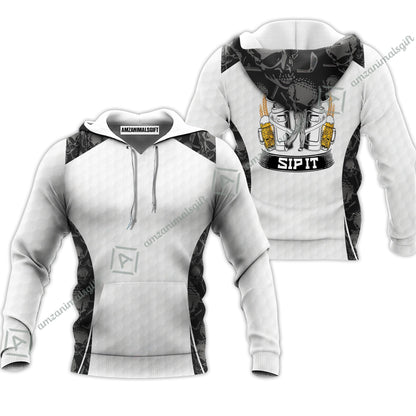 Men Golf Long Polo Shirt - Golf Ball Pattern Skull, Grip It Rip It Sip It Golf White Men Polo Shirt