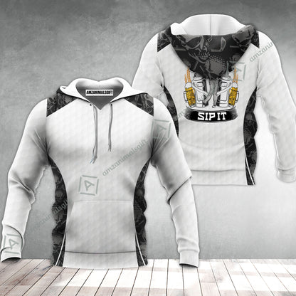 Golf Hoodie - Golf Ball Pattern Skull, Grip It Rip It Sip It Golf White Hoodie