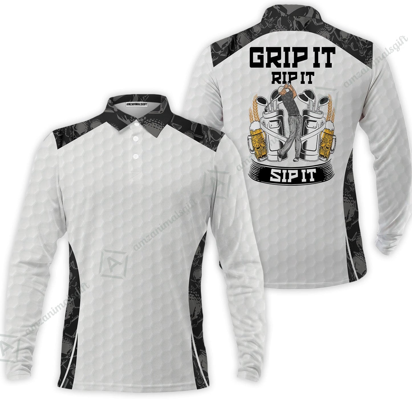 Golf T-Shirt - Golf Ball Pattern Skull, Grip It Rip It Sip It Golf White T-Shirt