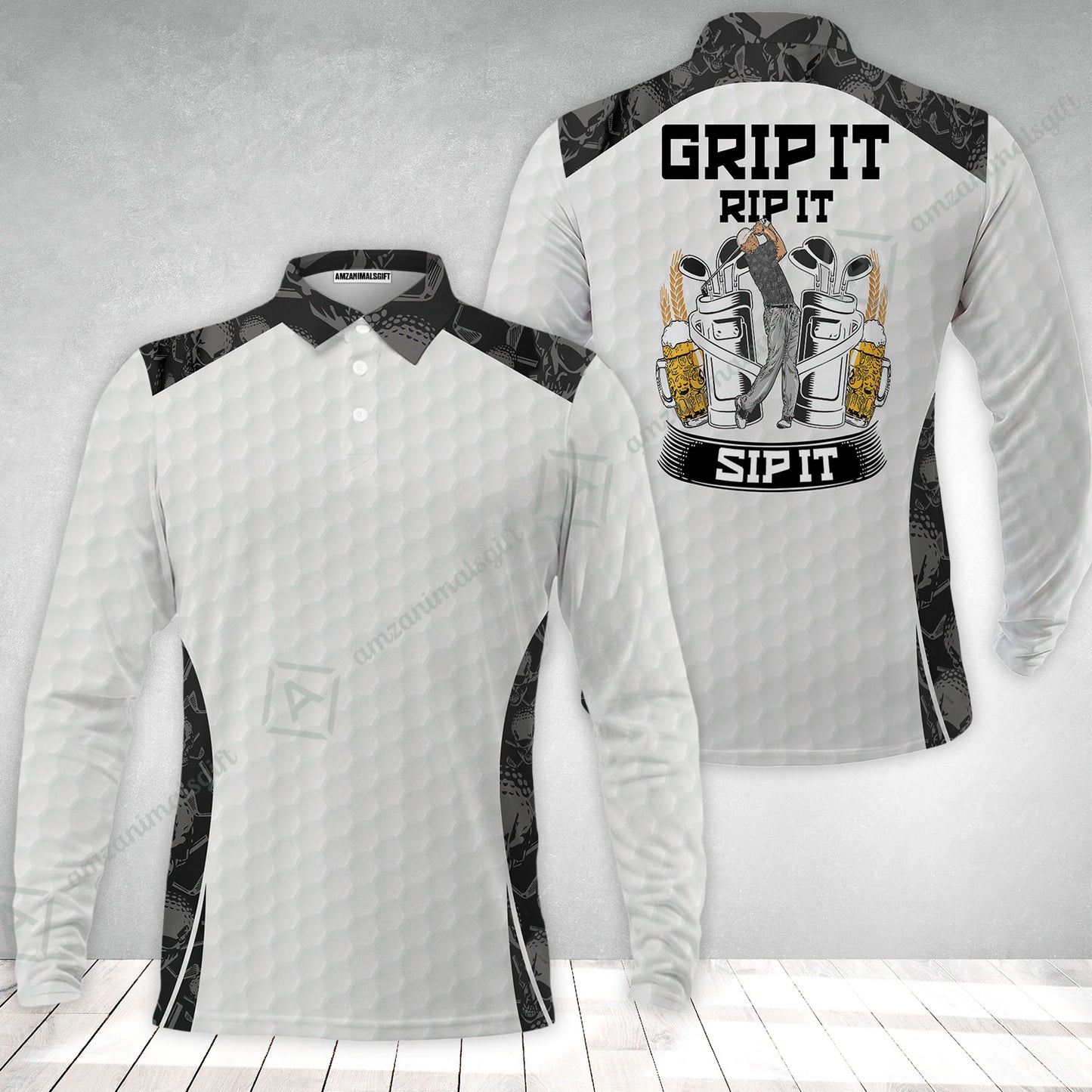 Men Golf Long Polo Shirt - Golf Ball Pattern Skull, Grip It Rip It Sip It Golf White Men Polo Shirt