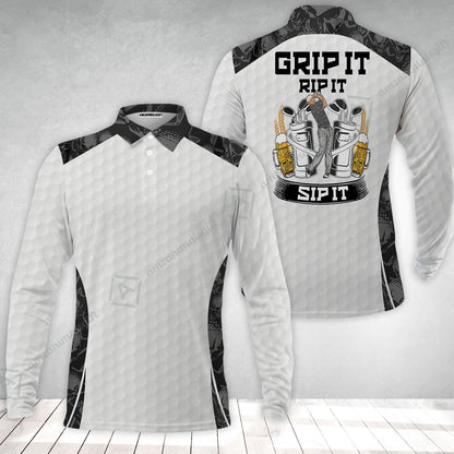 Men Golf Long Polo Shirt - Golf Ball Pattern Skull, Grip It Rip It Sip It Golf White Men Polo Shirt