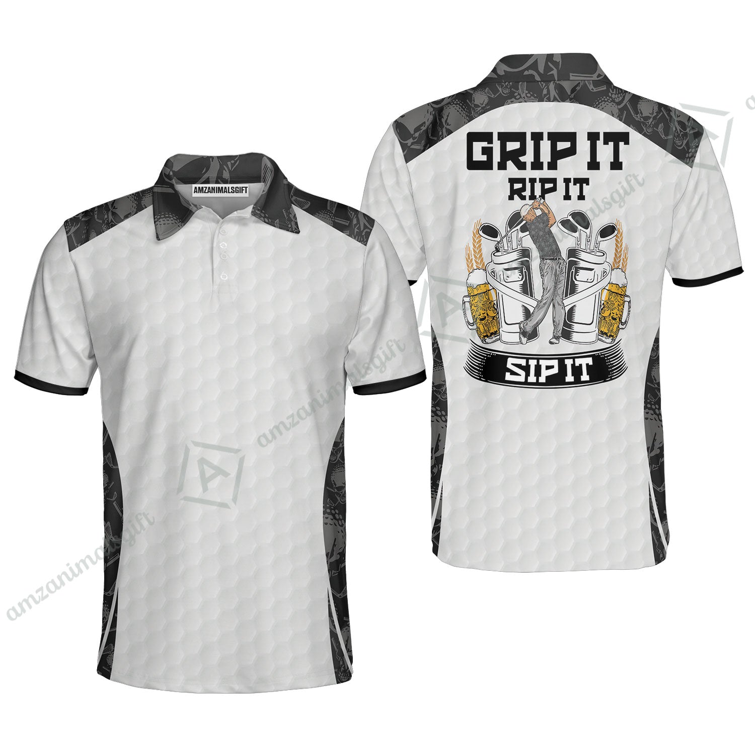 Men Golf Polo Shirt - Golf Ball Pattern Skull, Grip It Rip It Sip It Golf White Men Polo Shirt