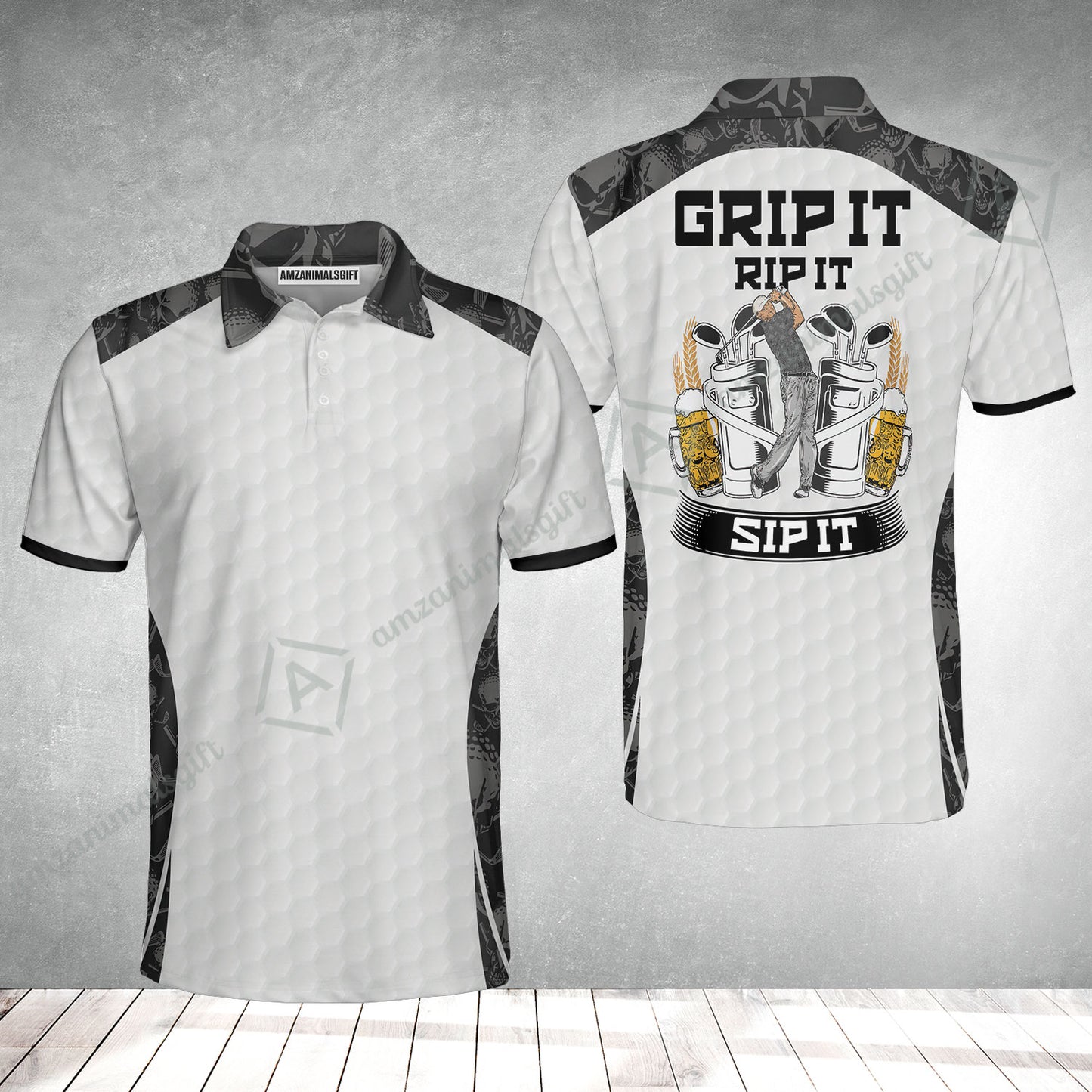 Men Golf Polo Shirt - Golf Ball Pattern Skull, Grip It Rip It Sip It Golf White Men Polo Shirt