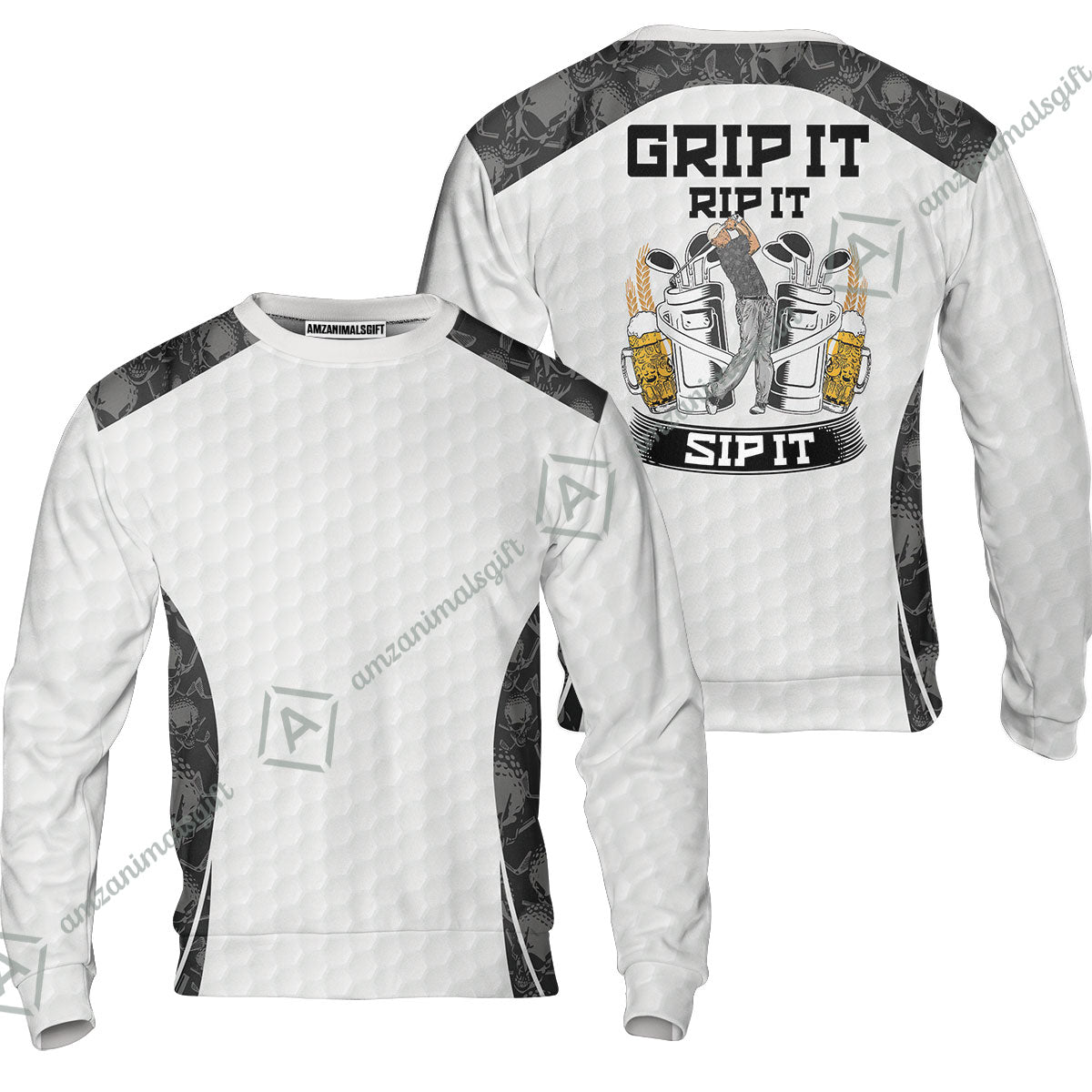 Golf Sweatshirt - Golf Ball Pattern Skull, Grip It Rip It Sip It Golf White Sweatshirt