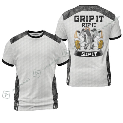 Men Golf Long Polo Shirt - Golf Ball Pattern Skull, Grip It Rip It Sip It Golf White Men Polo Shirt