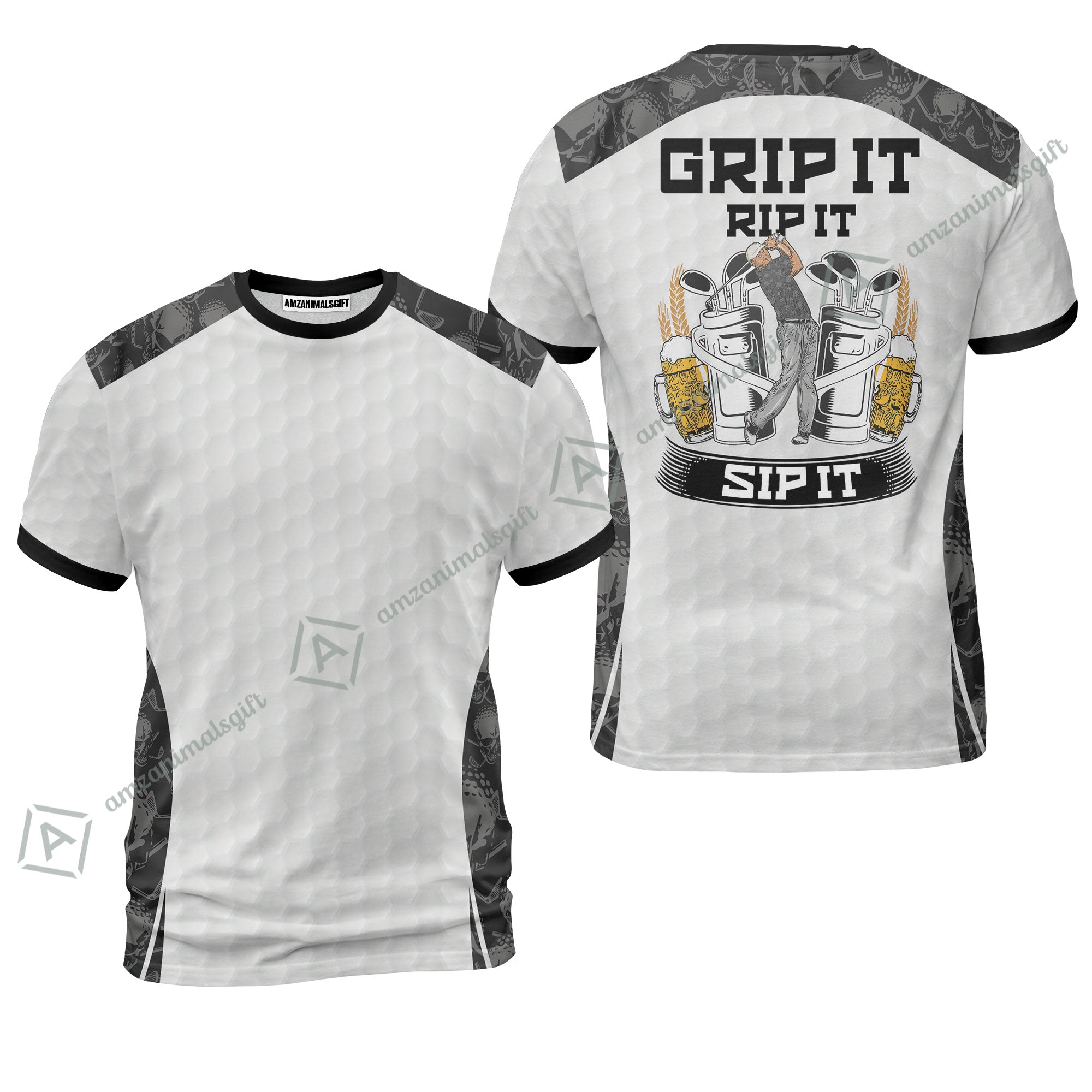 Golf T-Shirt - Golf Ball Pattern Skull, Grip It Rip It Sip It Golf White T-Shirt