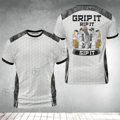 Golf T-Shirt - Golf Ball Pattern Skull, Grip It Rip It Sip It Golf White T-Shirt
