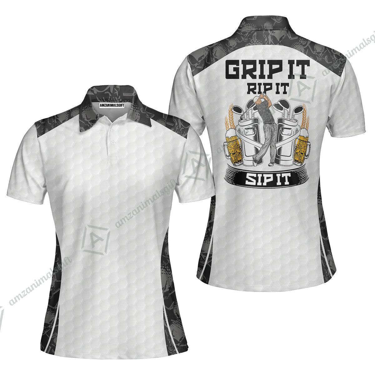 Golf T-Shirt - Golf Ball Pattern Skull, Grip It Rip It Sip It Golf White T-Shirt