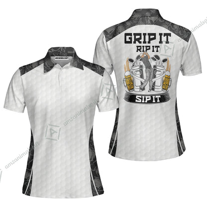 Men Golf Long Polo Shirt - Golf Ball Pattern Skull, Grip It Rip It Sip It Golf White Men Polo Shirt