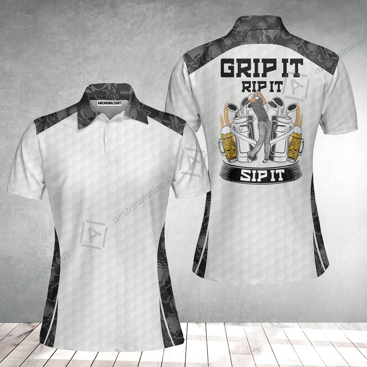 Golf Women Polo Shirt - Golf Ball Pattern Skull, Grip It Rip It Sip It Golf White Women Polo Shirt