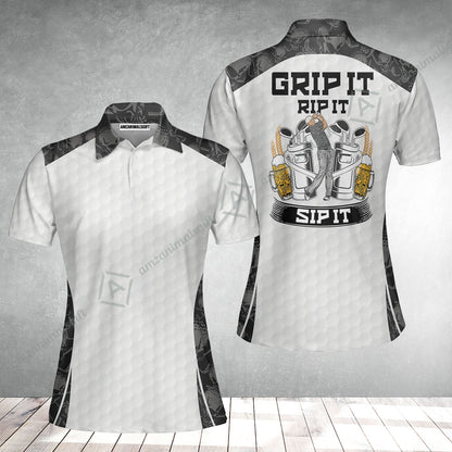 Golf Women Polo Shirt - Golf Ball Pattern Skull, Grip It Rip It Sip It Golf White Women Polo Shirt