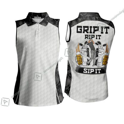 Men Golf Polo Shirt - Golf Ball Pattern Skull, Grip It Rip It Sip It Golf White Men Polo Shirt