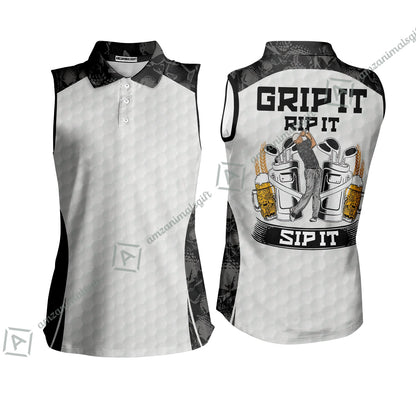 Golf Women Sleeveless Polo Shirt - Golf Ball Pattern Skull, Grip It Rip It Sip It Golf White Women Sleeveless Polo Shirt