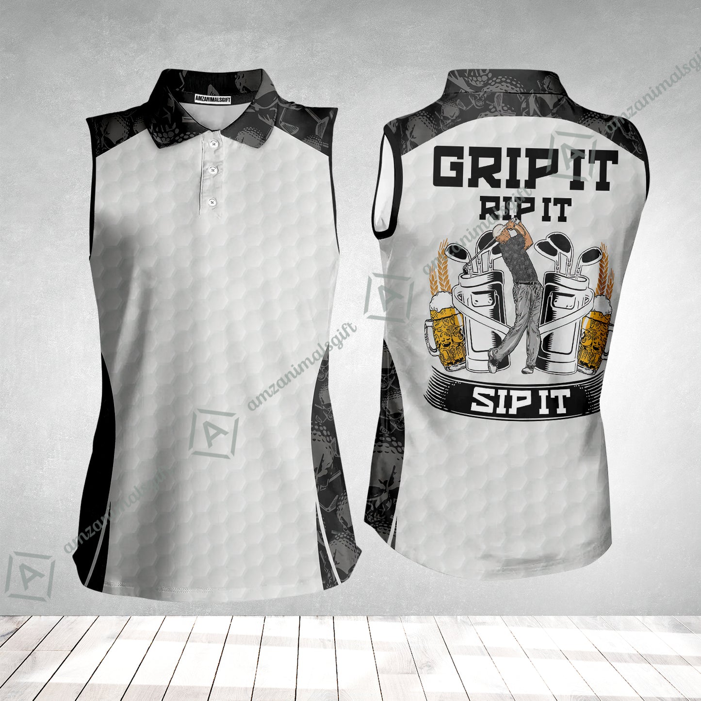 Golf Women Sleeveless Polo Shirt - Golf Ball Pattern Skull, Grip It Rip It Sip It Golf White Women Sleeveless Polo Shirt