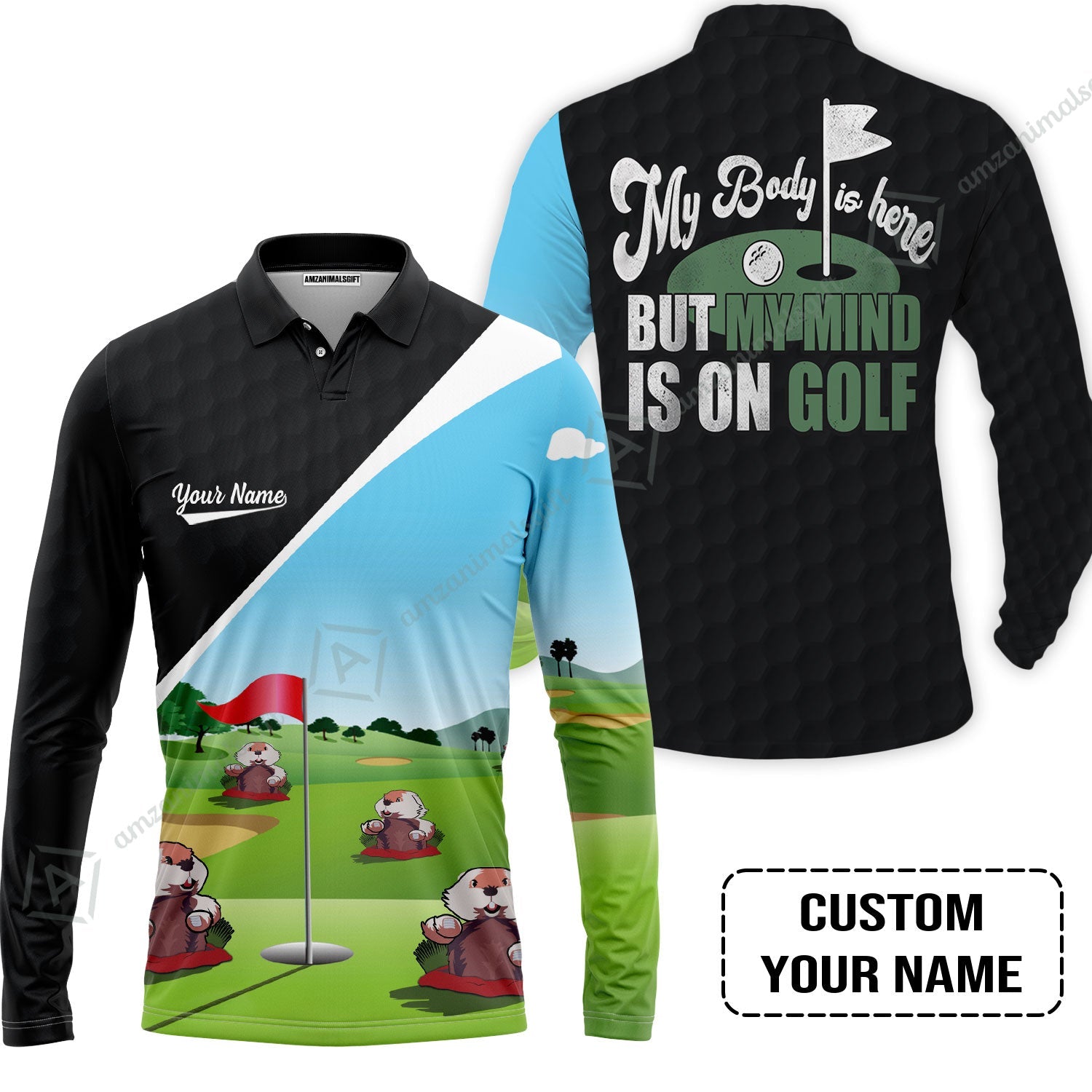 Golf Men Long Polo Shirt - Gopher My Mind Is On Golf Custom Men Long Polo Shirt