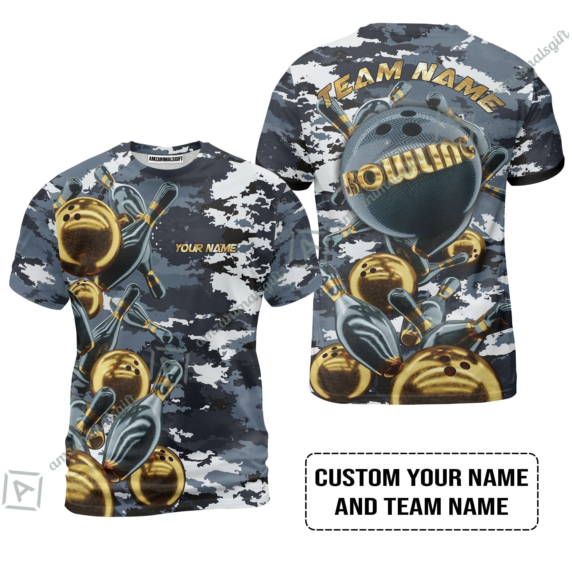 Bowling Custom T-Shirt - Custom Name Camo Navy Personalized Bowling T-Shirt