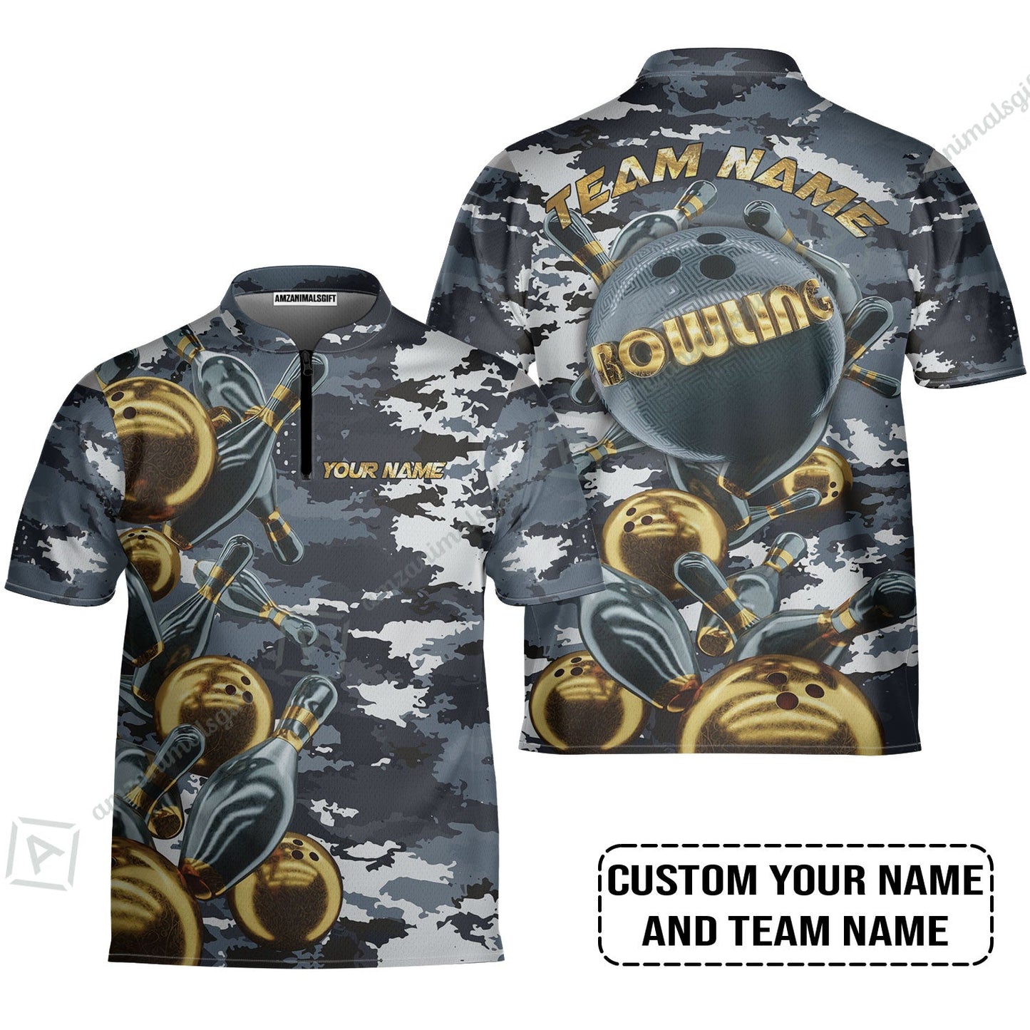 Bowling Custom Long Polo Shirt- Custom Name Camo Navy Bowling Personalized Bowling Long Polo Shirt