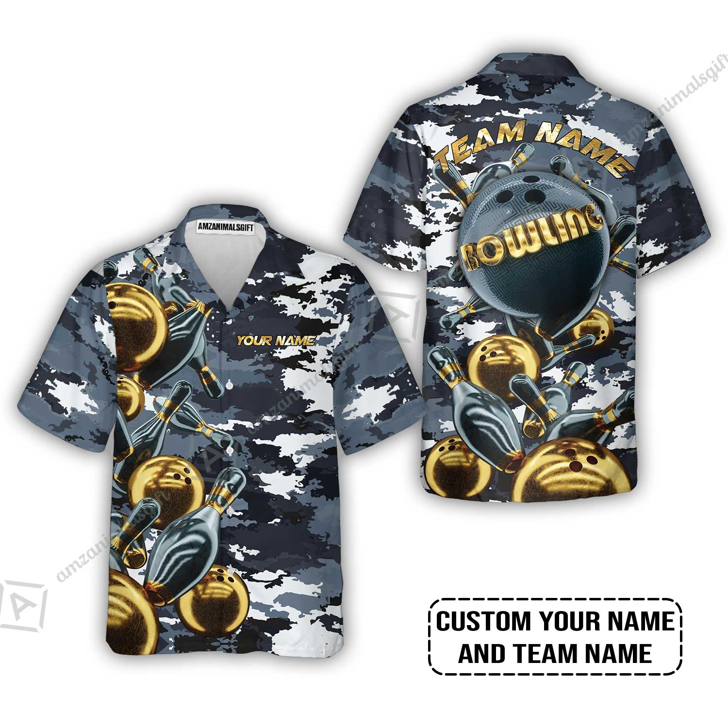 Bowling Custom Hawaiian Shirt - Custom Name Camo Navy Personalized Bowling Hawaiian Shirt