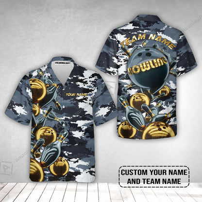 Bowling Custom Hawaiian Shirt - Custom Name Camo Navy Personalized Bowling Hawaiian Shirt