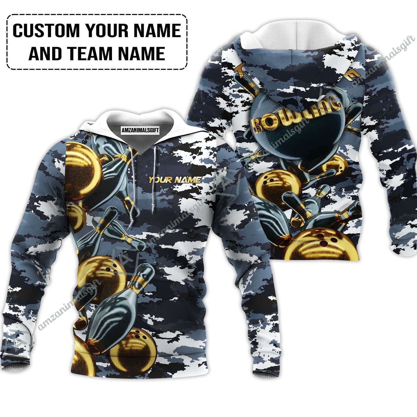 Bowling Custom Long Polo Shirt- Custom Name Camo Navy Bowling Personalized Bowling Long Polo Shirt