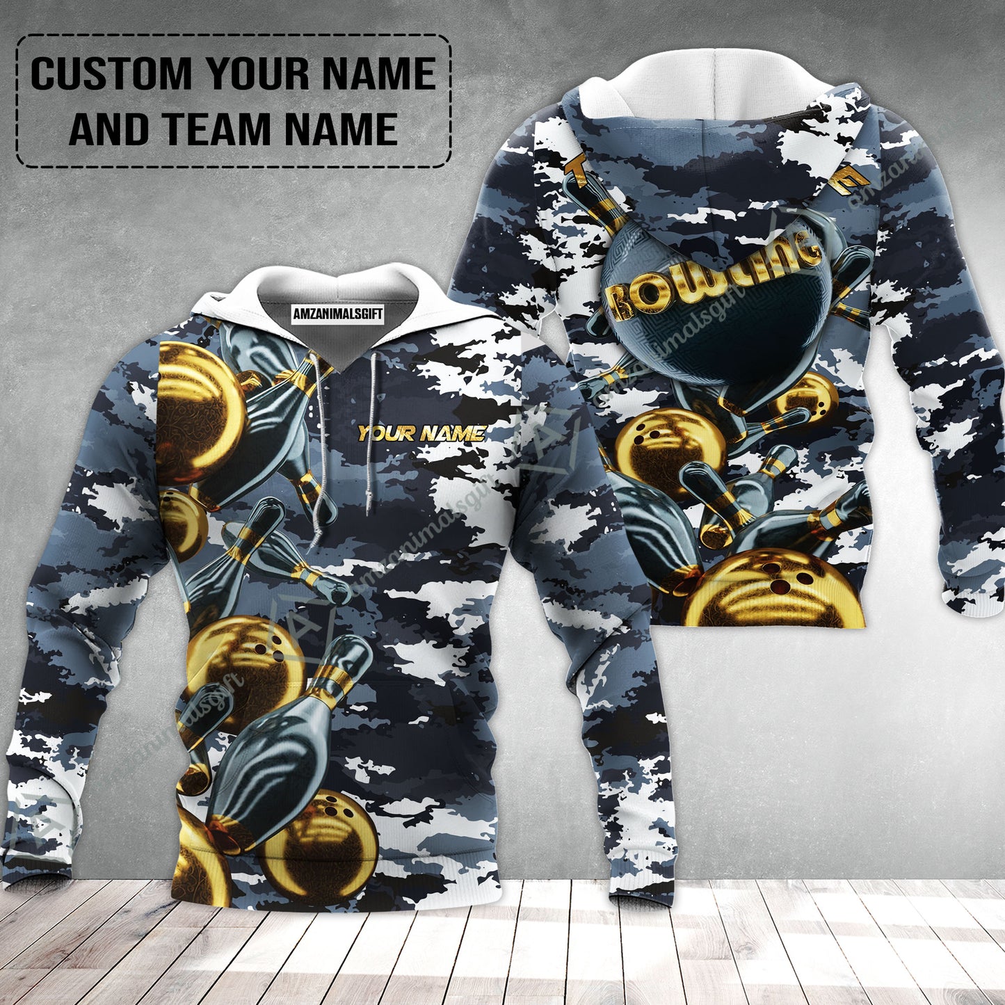 Bowling Custom Hoodie - Custom Name Camo Navy Bowling Personalized Hoodie