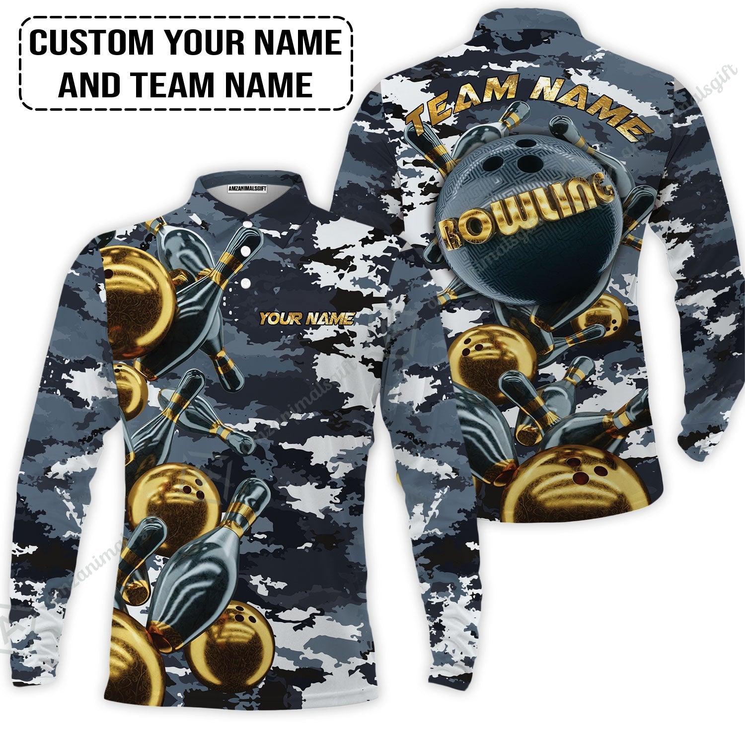 Bowling Custom Long Polo Shirt- Custom Name Camo Navy Bowling Personalized Bowling Long Polo Shirt