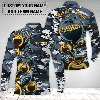 Bowling Custom Long Polo Shirt- Custom Name Camo Navy Bowling Personalized Bowling Long Polo Shirt