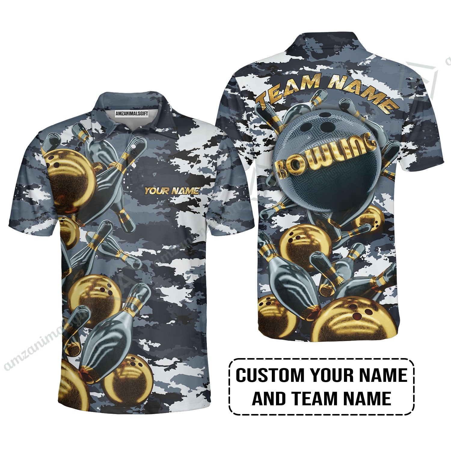 Bowling Custom Men Polo Shirt - Custom Name Camo Navy Bowling Personalized Bowling Polo Shirt