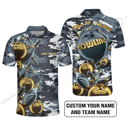 Bowling Custom Long Polo Shirt- Custom Name Camo Navy Bowling Personalized Bowling Long Polo Shirt