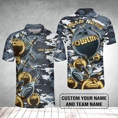 Bowling Custom Men Polo Shirt - Custom Name Camo Navy Bowling Personalized Bowling Polo Shirt
