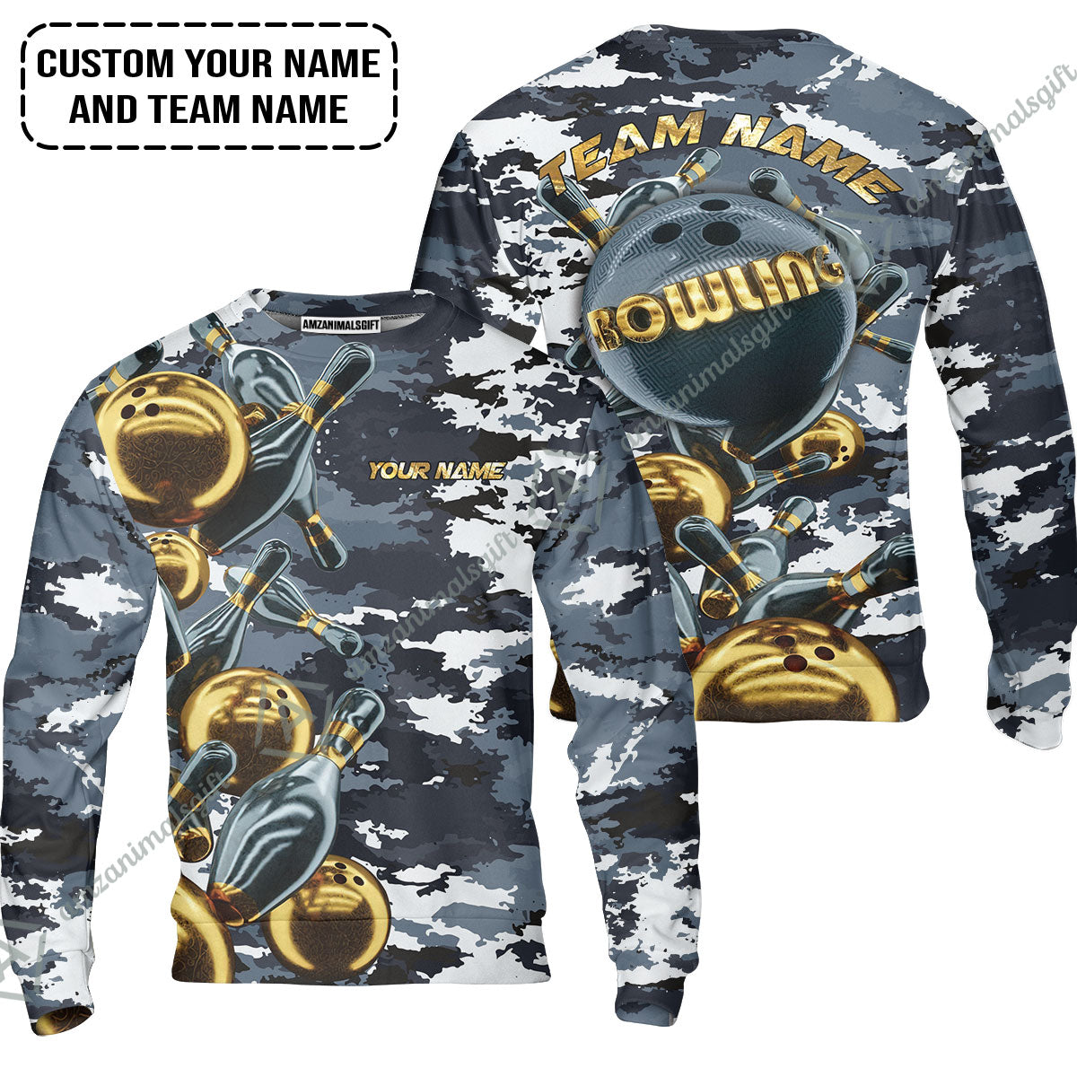 Bowling Custom Long Polo Shirt- Custom Name Camo Navy Bowling Personalized Bowling Long Polo Shirt