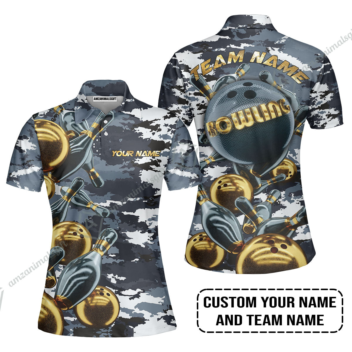 Bowling Custom Women Polo Shirt- Custom Name Camo Navy Personalized Bowling Women Polo Shirt