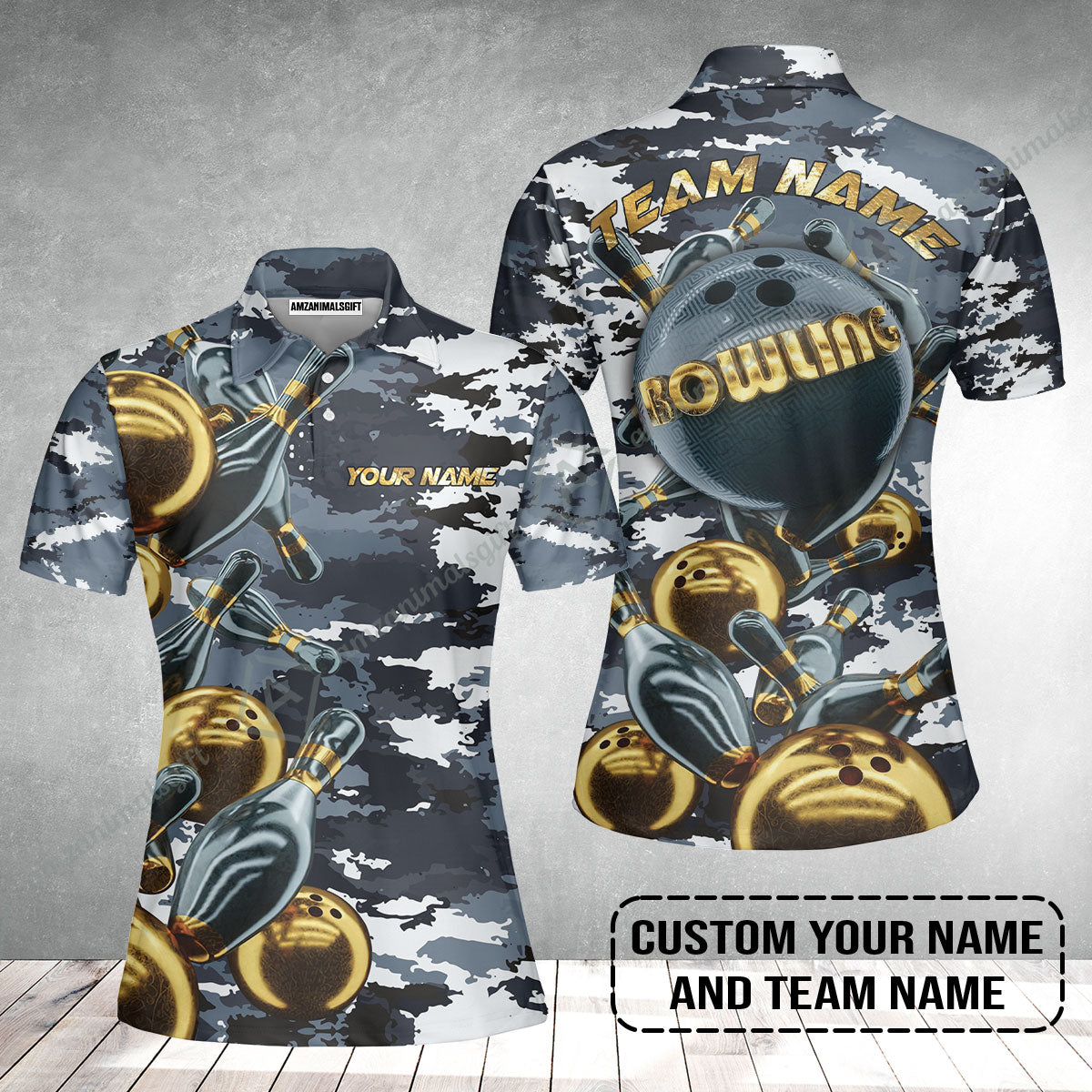 Bowling Custom Women Polo Shirt- Custom Name Camo Navy Personalized Bowling Women Polo Shirt