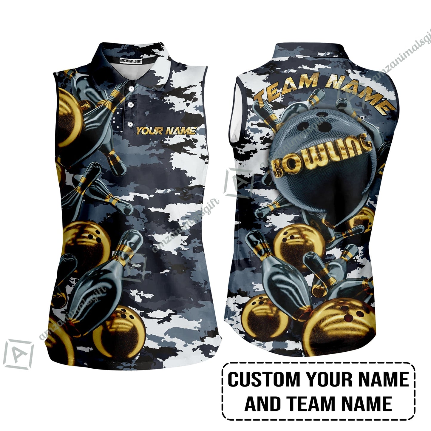 Bowling Custom Long Polo Shirt- Custom Name Camo Navy Bowling Personalized Bowling Long Polo Shirt