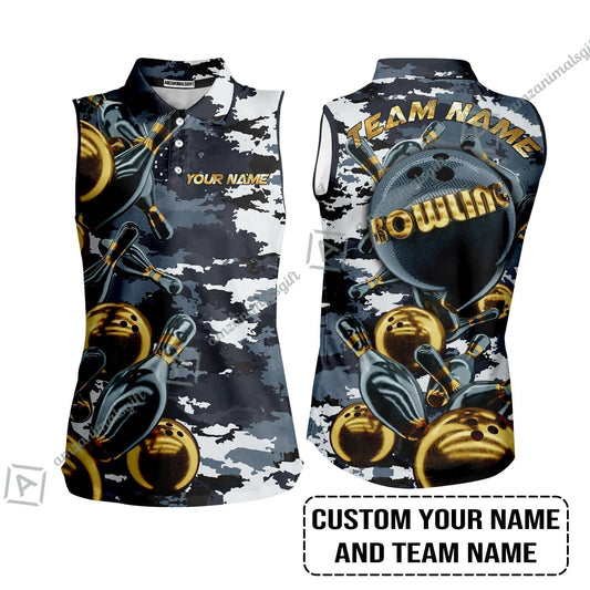 Bowling Custom Women Sleeveless Polo Shirt- Custom Name Camo Navy Personalized Bowling Women Sleeveless Polo Shirt