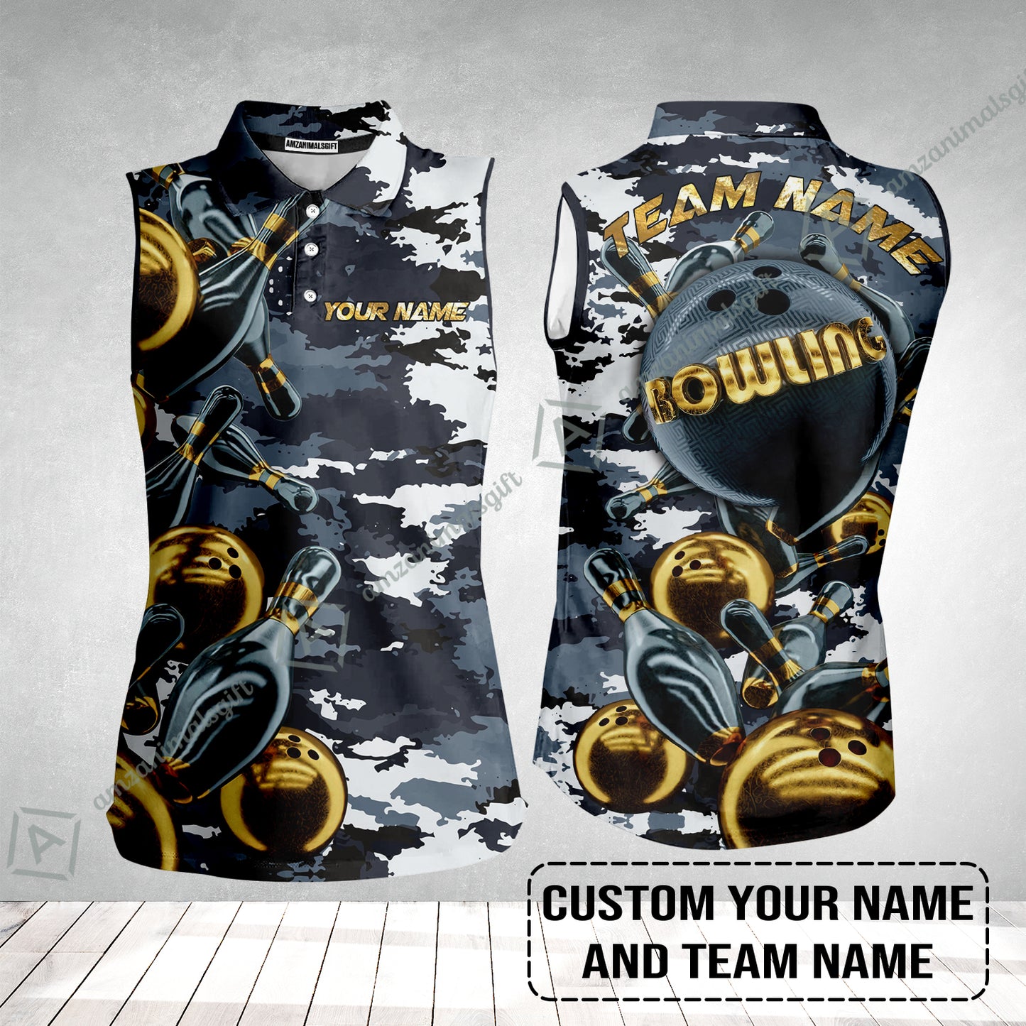Bowling Custom Women Sleeveless Polo Shirt- Custom Name Camo Navy Personalized Bowling Women Sleeveless Polo Shirt