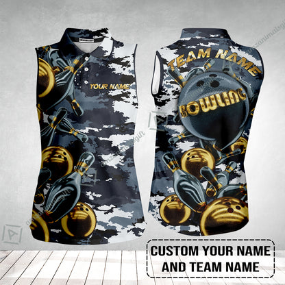Bowling Custom Women Sleeveless Polo Shirt- Custom Name Camo Navy Personalized Bowling Women Sleeveless Polo Shirt